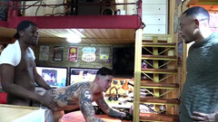 Inked male gets blacked by two studs in restless threesome