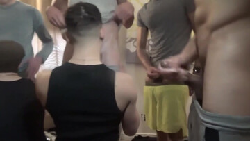 A couple of lads with big cocks are waiting in line