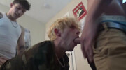 Bleached bllond fellow is taking two dicks like a good guy