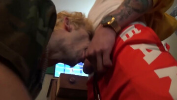 Bleached bllond fellow is taking two dicks like a good guy