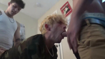 Bleached bllond fellow is taking two dicks like a good guy