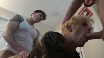Bleached bllond fellow is taking two dicks like a good guy