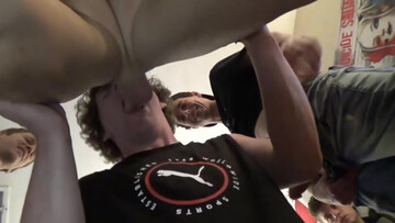 Big booty lad gets fucked in doggy style while others watch