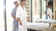 Muscular man gives him a massage and a blowjob after