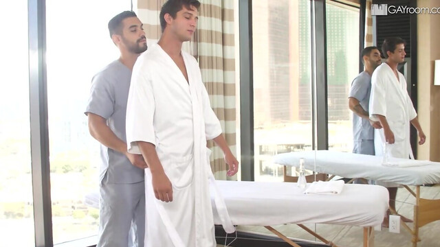 Muscular man gives him a massage and a blowjob after