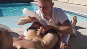 Pool lad with a great body gives a handjob to a stud