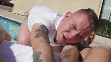 Pool lad with a great body gives a handjob to a stud