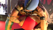 Masked stud with a great torso is fisting a sub man