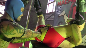 Masked stud with a great torso is fisting a sub man