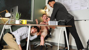 New guy enjoys office group sex with his manager and the boss