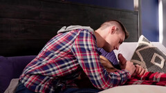 Cute dude with curly hair lets his buddy jerk him off