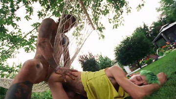 Sexy guys use the hammock to fuck in the ass and pose hot