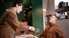 Steamy blokes get intimate at the restaurant in a flaming duo