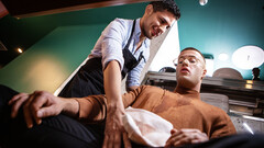 Steamy blokes get intimate at the restaurant in a flaming duo