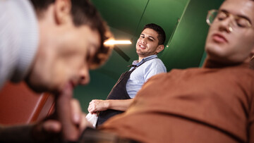 Steamy blokes get intimate at the restaurant in a flaming duo