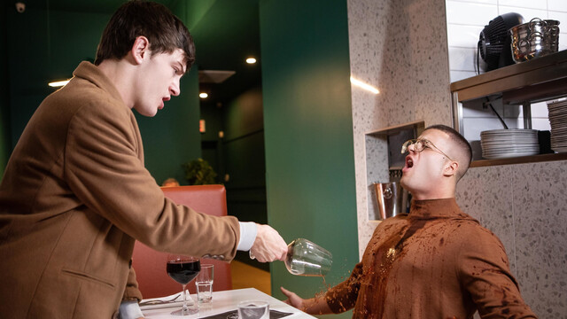 Steamy blokes get intimate at the restaurant in a flaming duo
