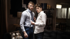 Young lovers fuck on the leather couch in intriguing gay kinks