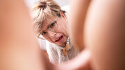 Cum on face for the bald dude after he fucks like a whore