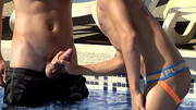 Tanned boys get intimate by the pool in sexy positions