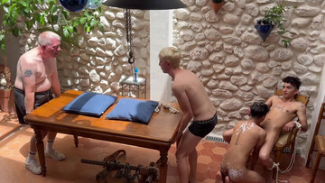 Twinks play group domination games with horny old gay man