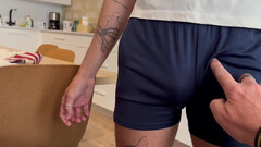 Senior man ass fucks twink in the kitchen in front of his boyfriend