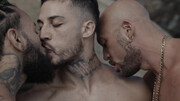 Appealing men make out in outdoor group sex by the beach