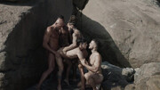 Appealing men make out in outdoor group sex by the beach