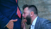 Horny men in elegant suits share restless gay romance