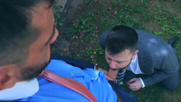 Horny men in elegant suits share restless gay romance