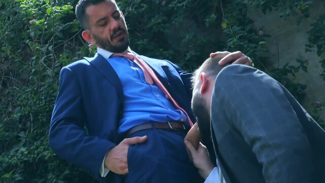 Horny men in elegant suits share restless gay romance