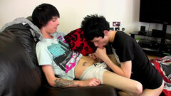 Brunette twink shoves cock in his mouth and provides great views