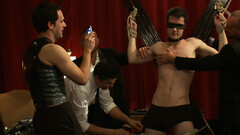 Bunch of leather daddies are playing with a twink