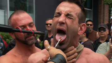 PUBLIC humiliation session for a jacked-up slave