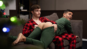 Skinny lovers fuck on the couch on Christmas eve