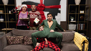 Skinny lovers fuck on the couch on Christmas eve