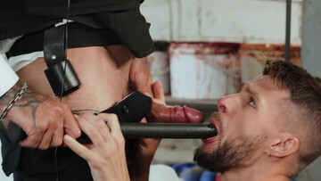 Horny cop gags naked male ahead of fucking his ass