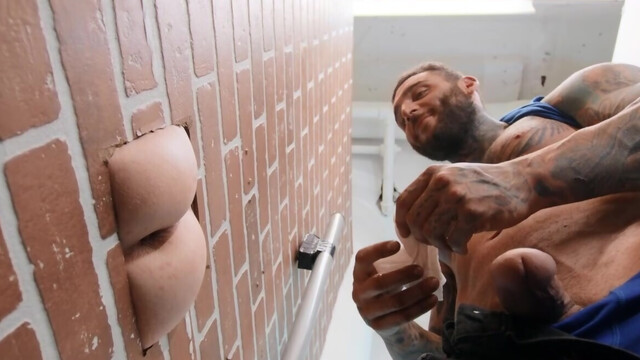 Inked blonde tries glory hole perversions with a random gay slut
