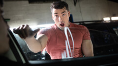 Sex at the garage with two muscular men on fire