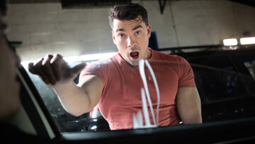Sex at the garage with two muscular men on fire