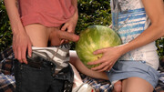 Playing with a watermelon before going at it bareback