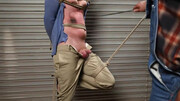 Sage Roux is blindfolded and tied by hung man Heath Halo