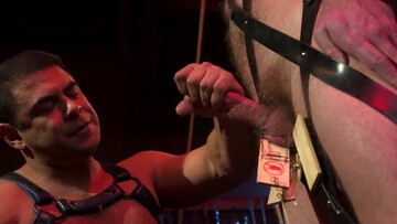 Tied up behind bars and getting his erect cock jerked off