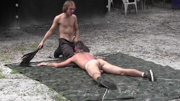 Outdoor oral bang with a bound and helpless slave
