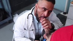 The doctor is giving a blowjob and shares the patient