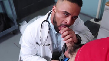 The doctor is giving a blowjob and shares the patient