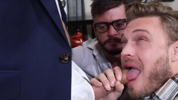 Three perverts are in the office and give each other blowjobs