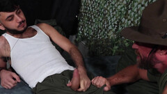 Army action with a bald stud and a petite brunette fella