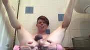 Solo twink jerks his dick wet as fuck in bathroom perversions