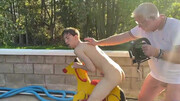 Grandpa and his friend fuck a twink in the backyard and film their whole play