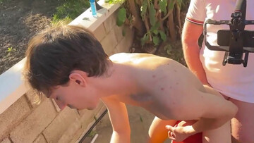 Grandpa and his friend fuck a twink in the backyard and film their whole play